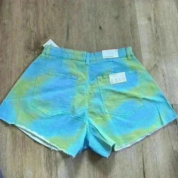 WE WORE WHAT LIME GREEN/SKY BLUE MIX, FLARE BELL CUT OFF SHORTS - Picture 2 of 3